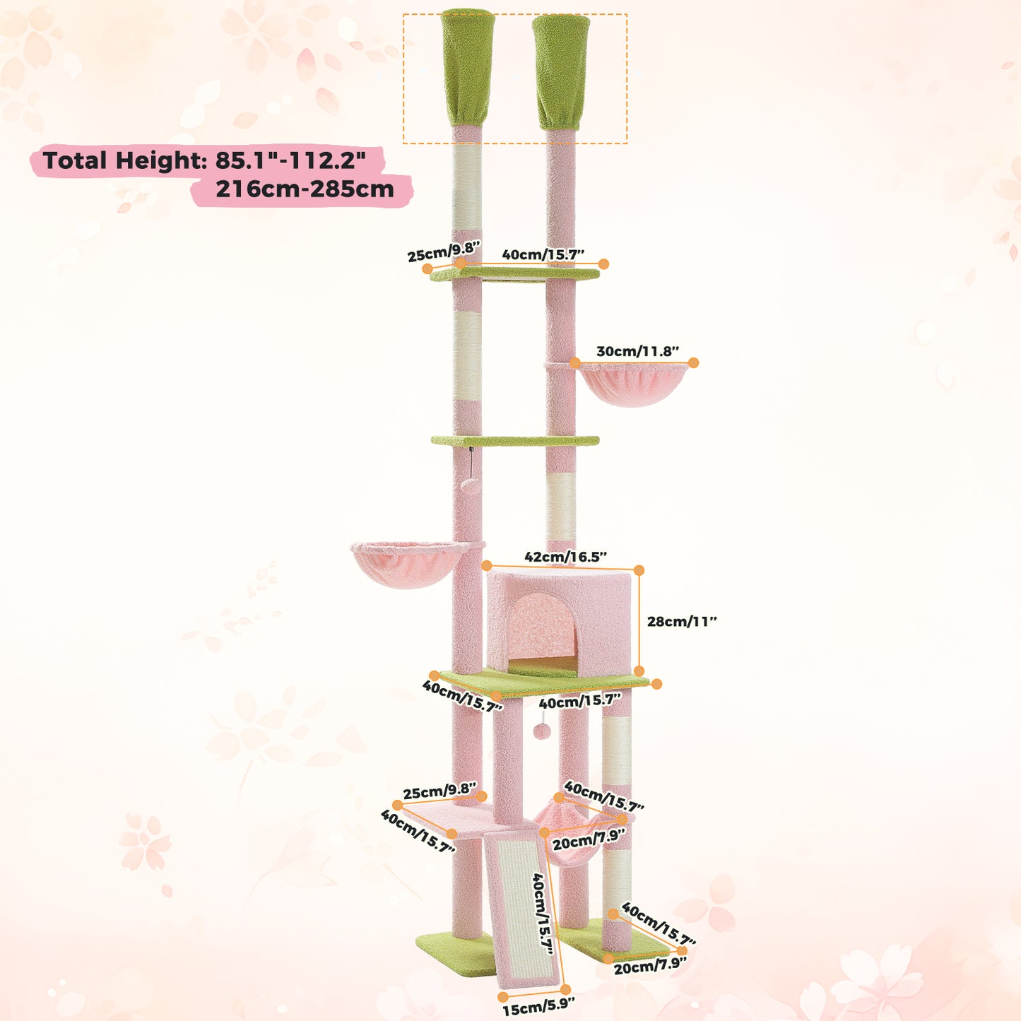 PAWZ Road Cat Tree Tower Scratching Post Scratcher Adjustable Height 216-285cm Pink