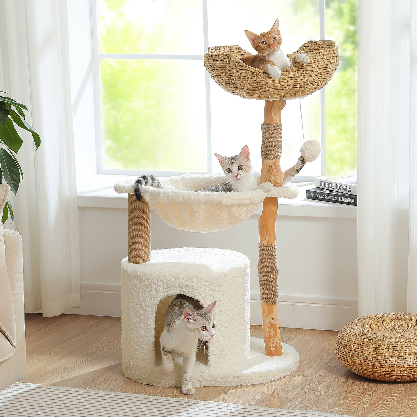 PAWZ Road Modern 105cm Cat Tree Tower Real Wood Cat Scratching Post with Large Hammock