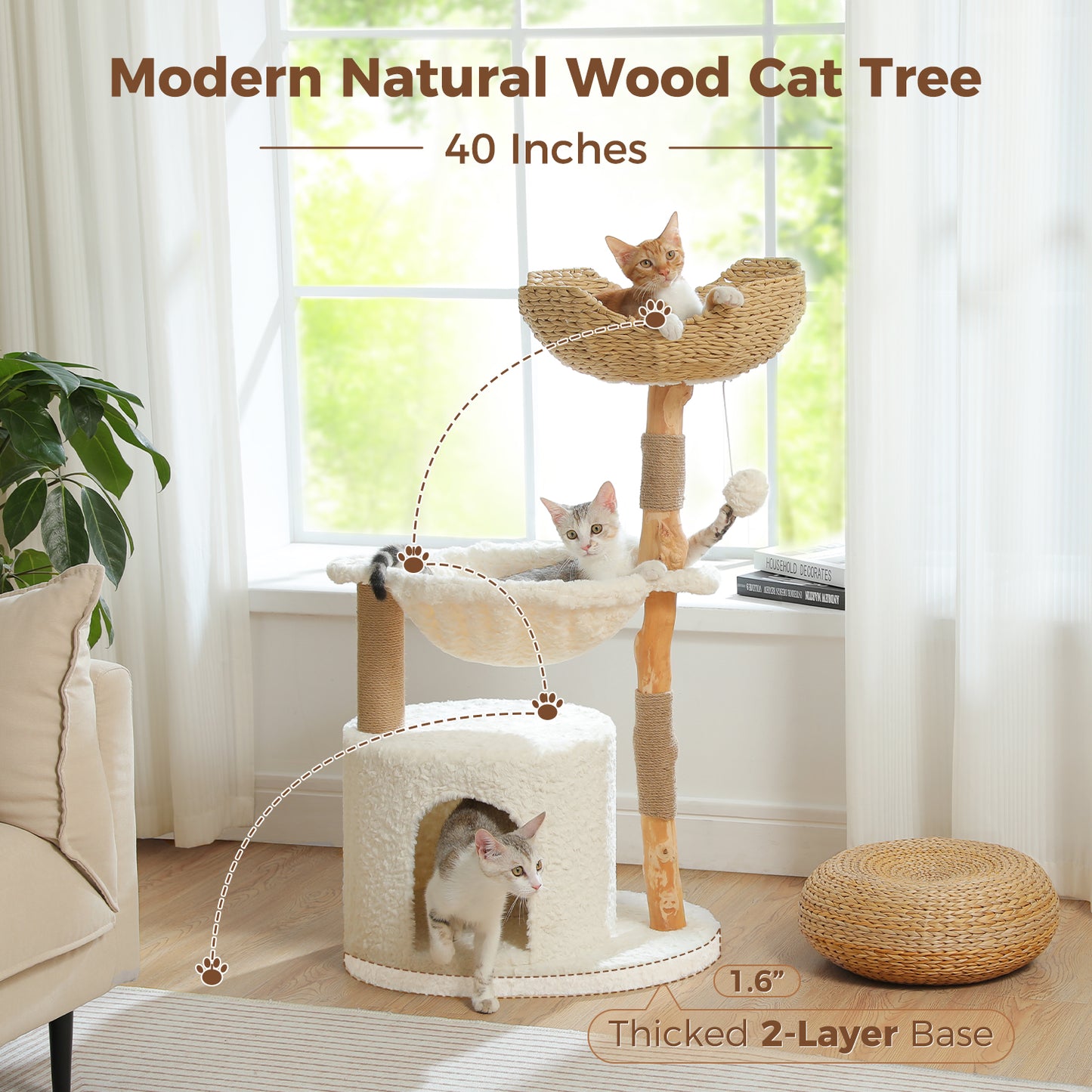 PAWZ Road Modern 105cm Cat Tree Tower Real Wood Cat Scratching Post with Large Hammock