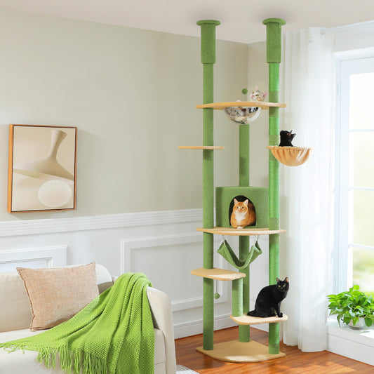 PAWZ Road Cat Tree Tower Scratching Post Floor to Ceiling Height Adjustable Cat Condo Bed Green