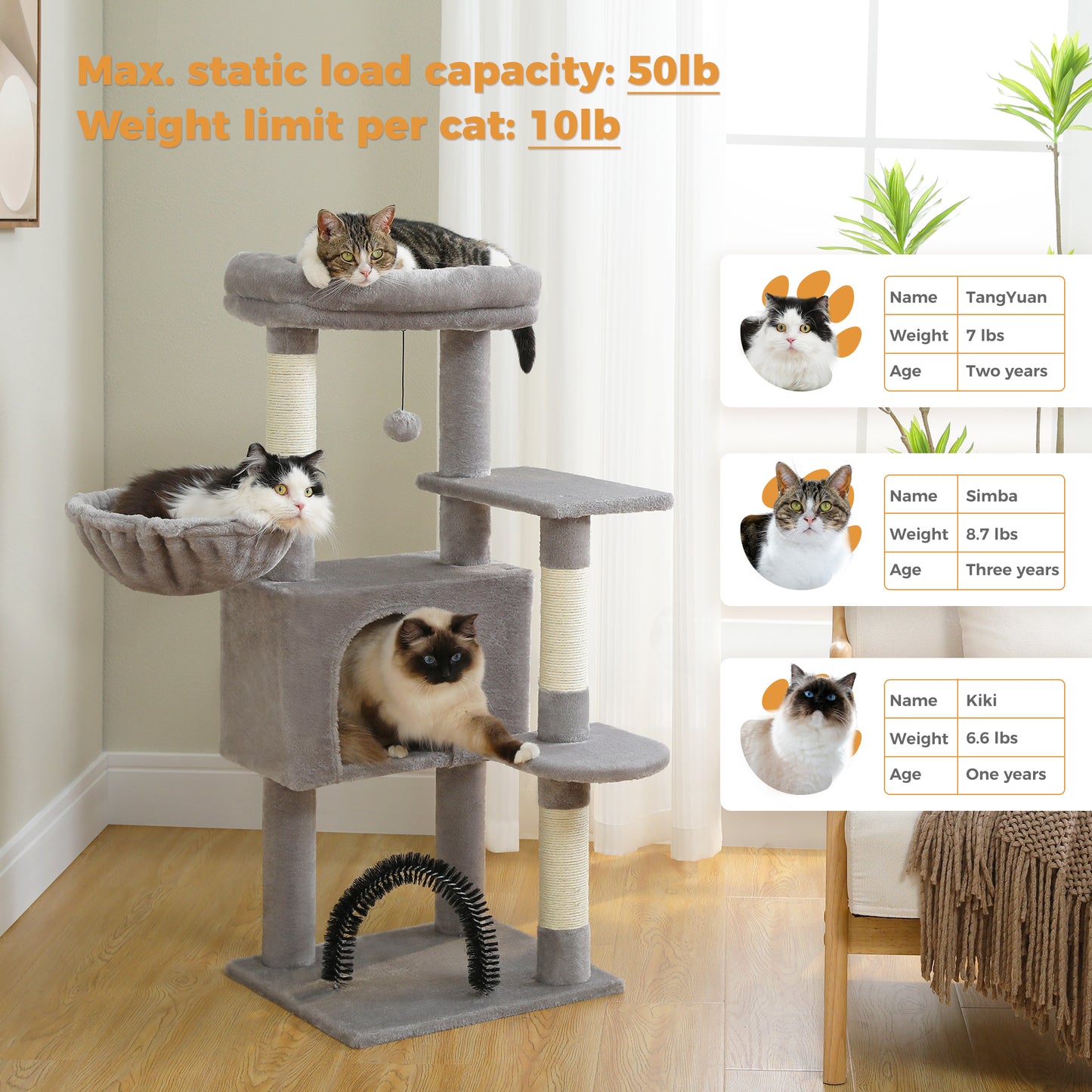 PAWZ Road Cat Tree Tower Scratching Post Scratcher with Self-Grooming Toy 106cm Grey