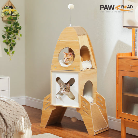 PAWZ Road 110cm Cat Tree Tower Scratching Post Scratcher Rocket Shape Cat Condo House Beige