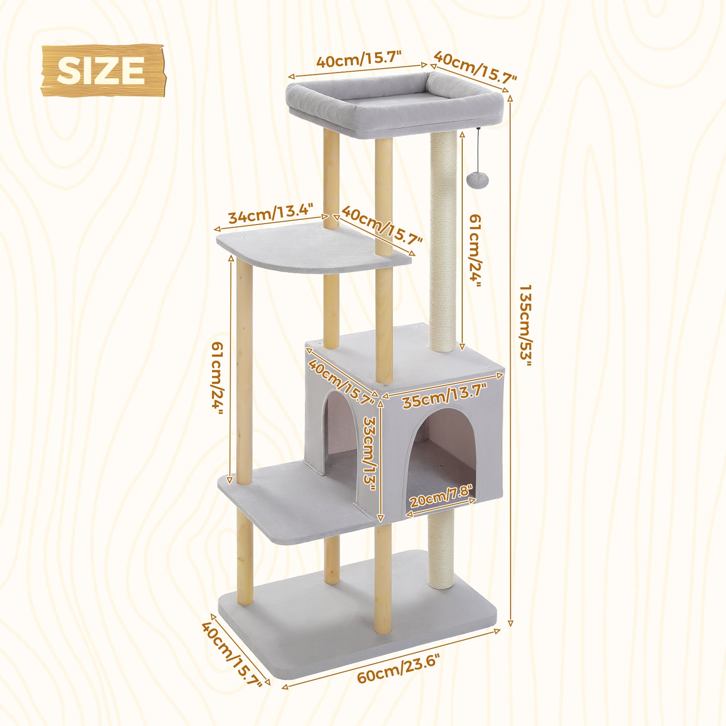 PAWZ Road 135CM Cat Tree Tower Scratching Post Scratcher Wooded Cats Condo House Grey