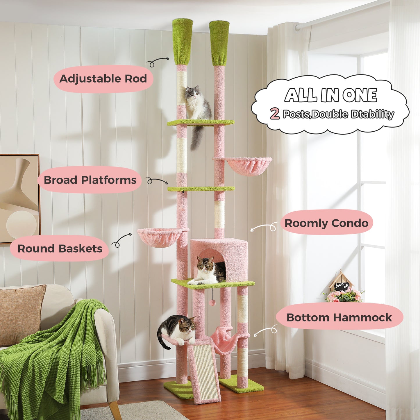 PAWZ Road Cat Tree Tower Scratching Post Scratcher Adjustable Height 216-285cm Pink