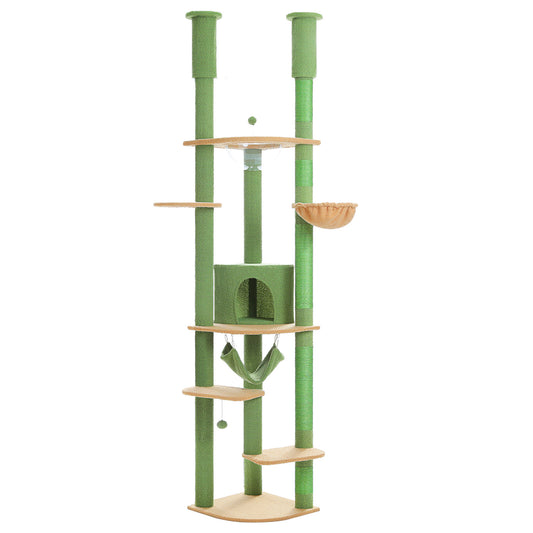 PAWZ Road Cat Tree Tower Scratching Post Floor to Ceiling Height Adjustable Cat Condo Bed Green