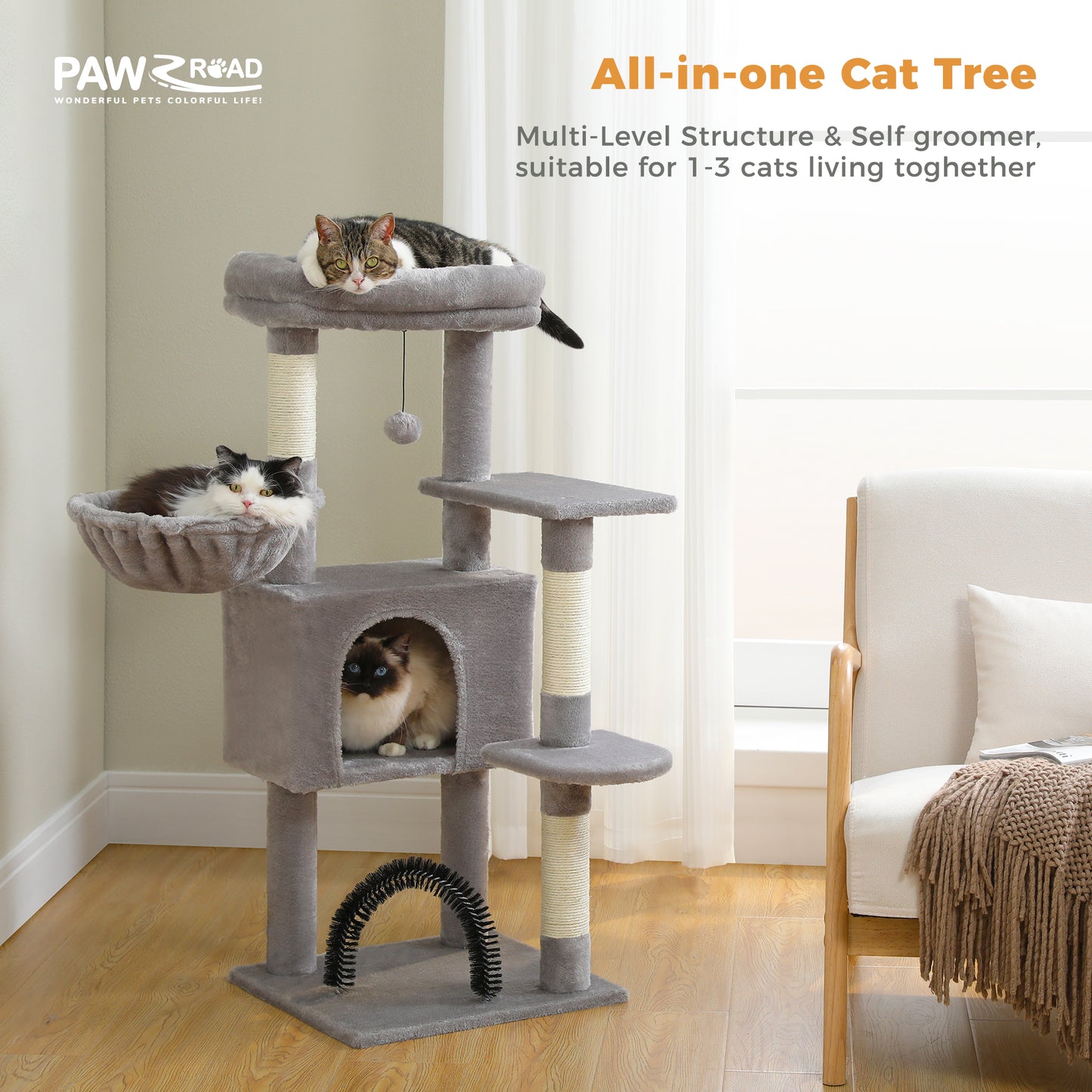 PAWZ Road Cat Tree Tower Scratching Post Scratcher with Self-Grooming Toy 106cm Grey