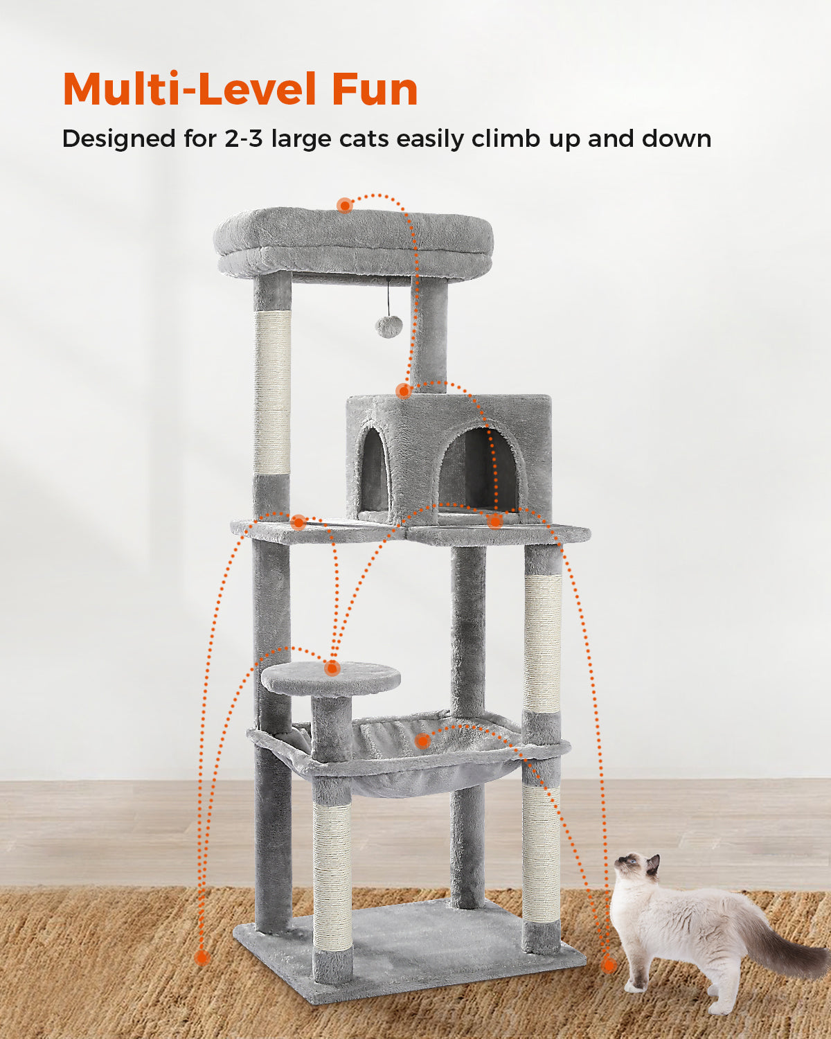 PAWZ Road 143cm Cat Tree Tower Scratching Post Scratcher Cats Bed Condo House Grey