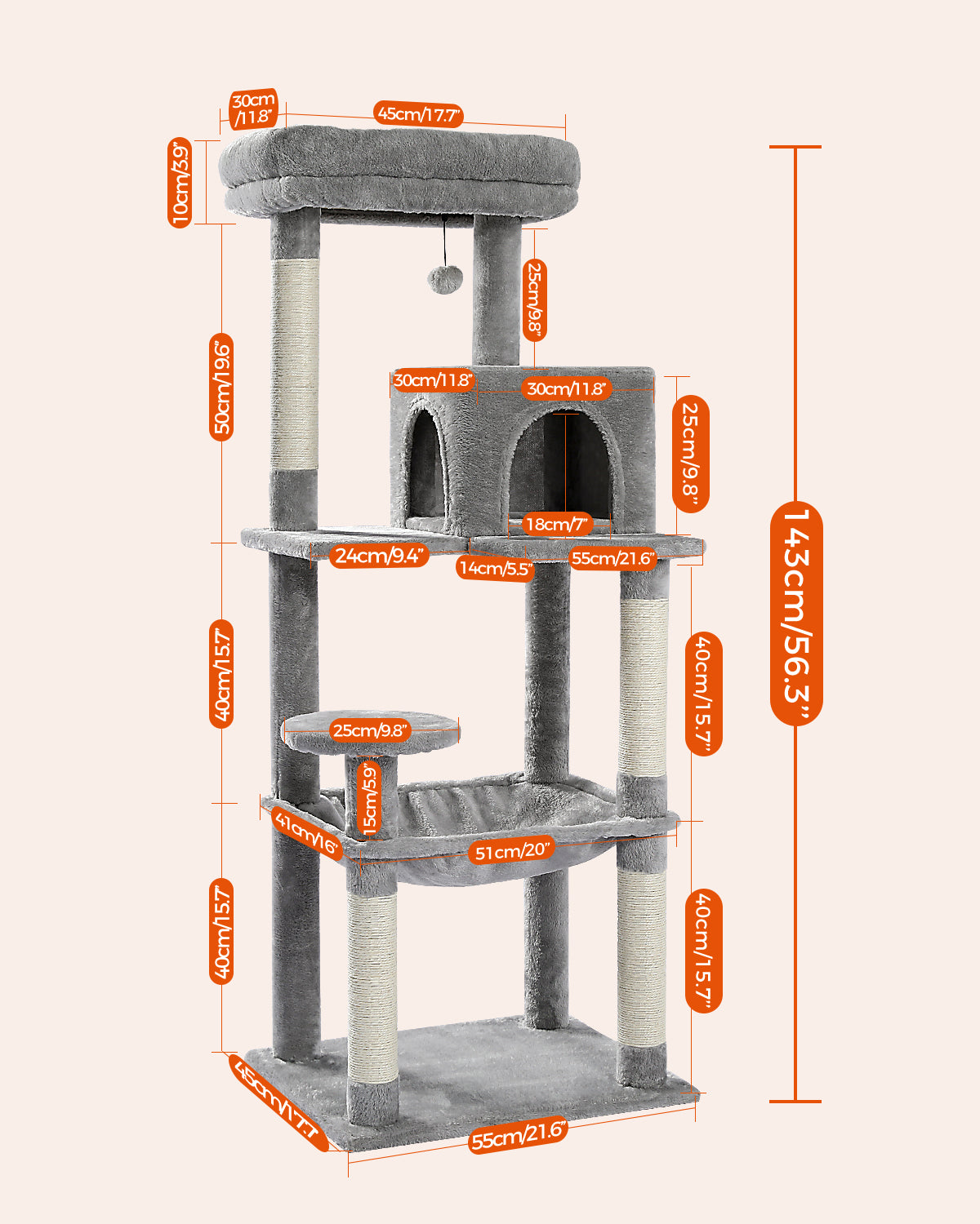 PAWZ Road 143cm Cat Tree Tower Scratching Post Scratcher Cats Bed Condo House Grey