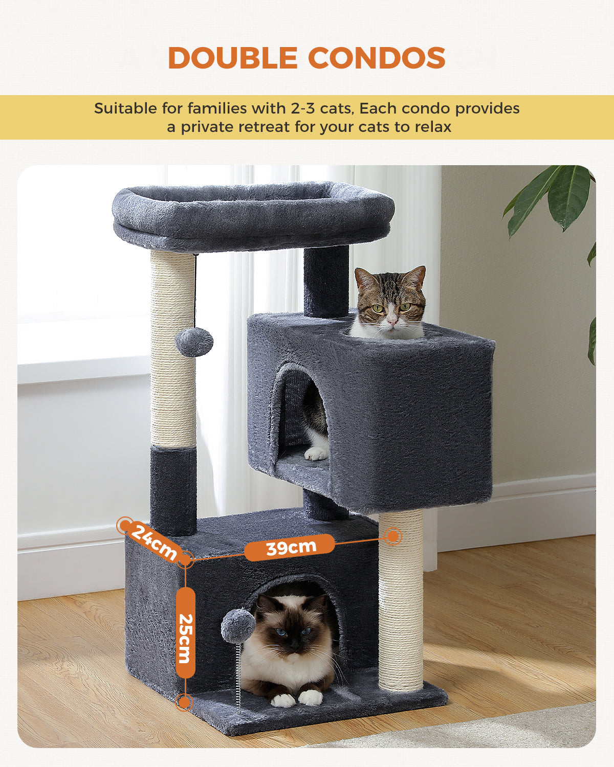 PAWZ Road Cat Tree Tower Scratching Post Scratcher with Large Condo House Beds Dark Grey