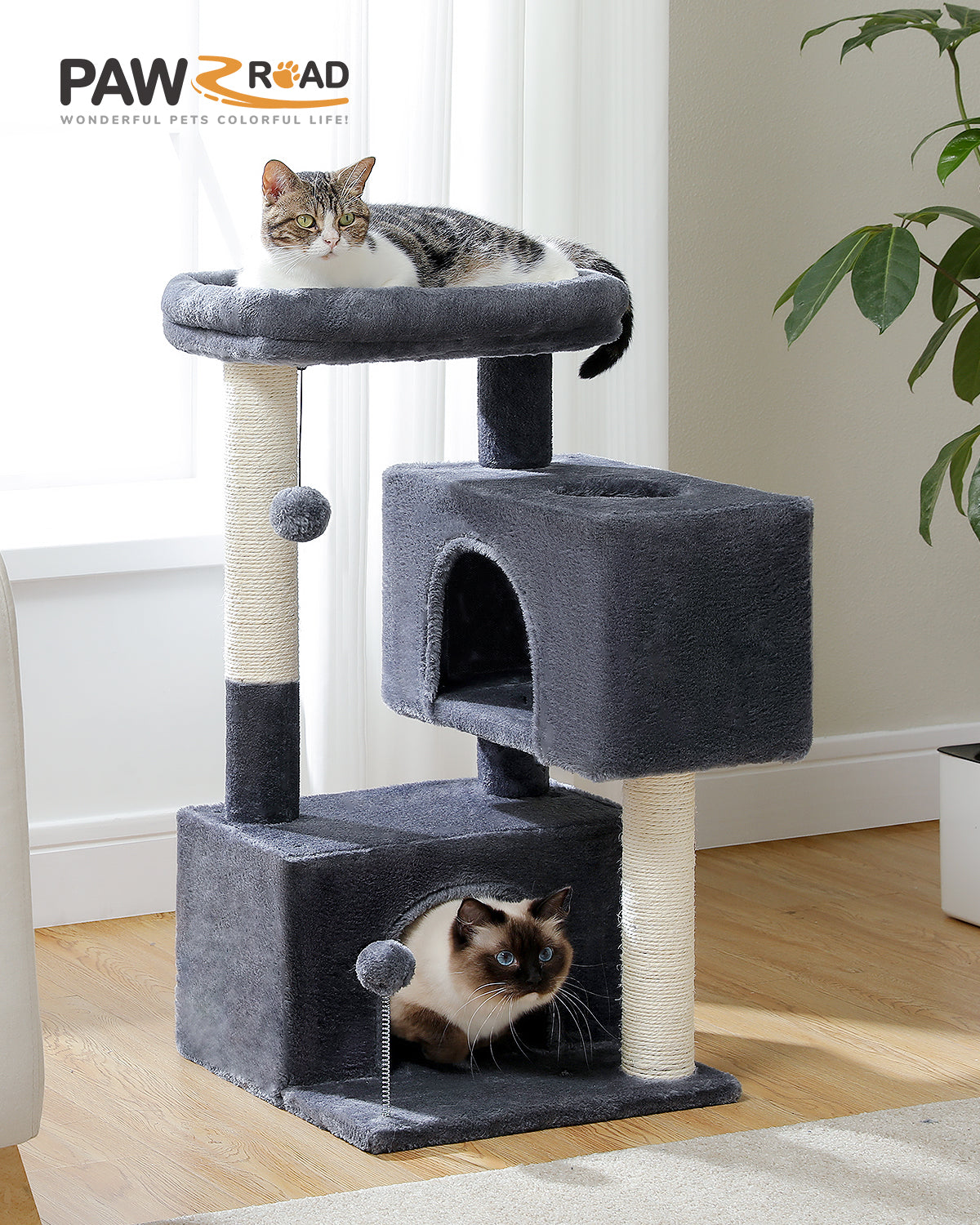 PAWZ Road Cat Tree Tower Scratching Post Scratcher with Large Condo House Beds Dark Grey