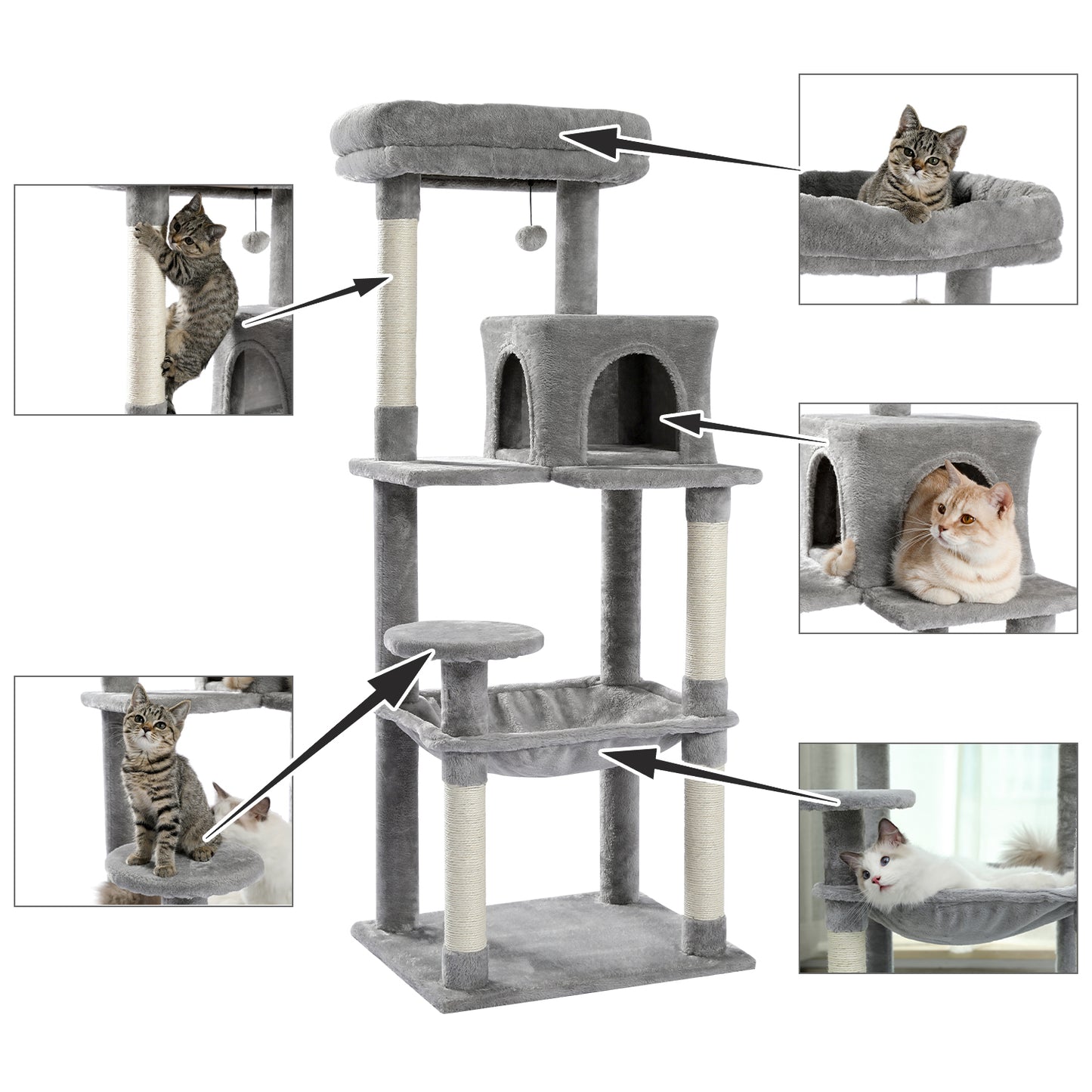 PAWZ Road 143cm Cat Tree Tower Scratching Post Scratcher Cats Bed Condo House Grey